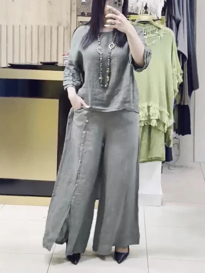 Women's linen two-piece set relaxed fit top wide-leg pants with button detail in neutral tone