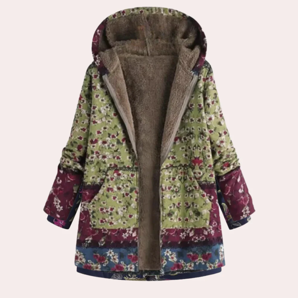Women's relaxed-fit hooded jacket in floral print with plush lining, hip-length cozy outerwear