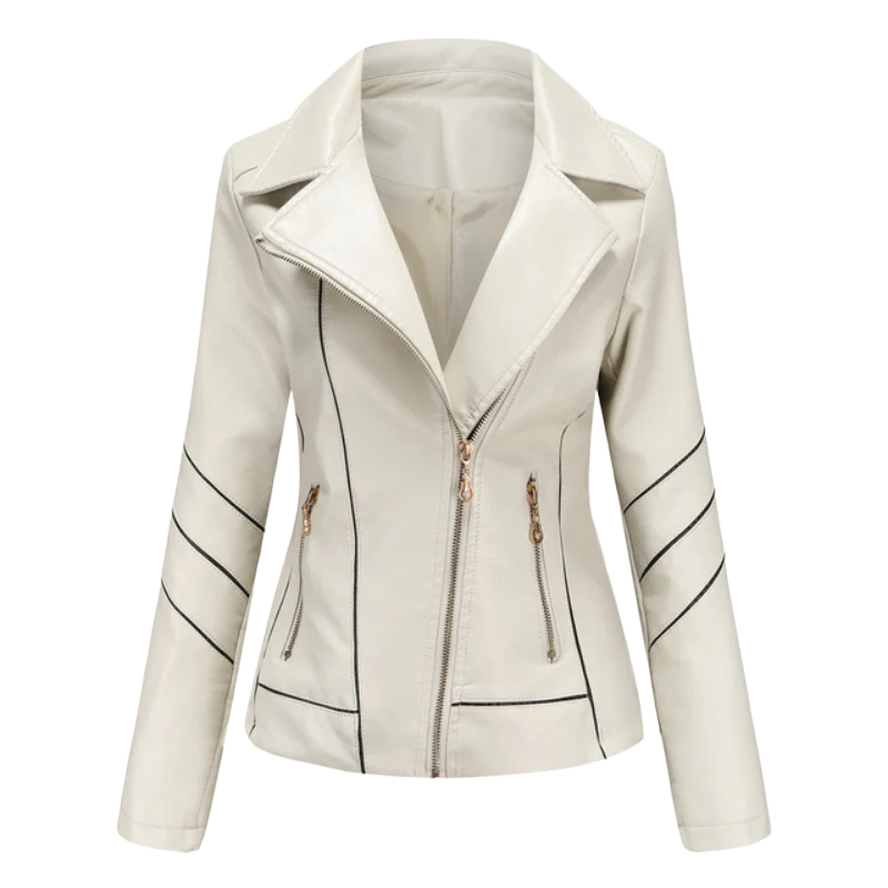 Women's black slim-fit biker leather jacket with asymmetrical zip and notched lapel