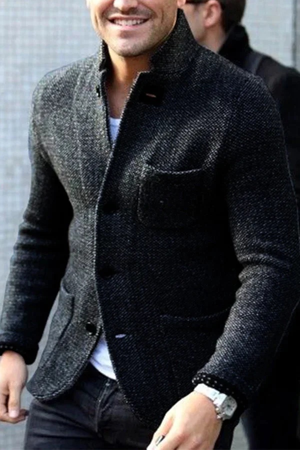 Men's charcoal textured wool blazer tailored fit high collar structured formal style
