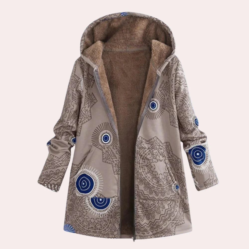 Women's relaxed-fit hooded jacket with floral print, plush lining, and hip-length silhouette