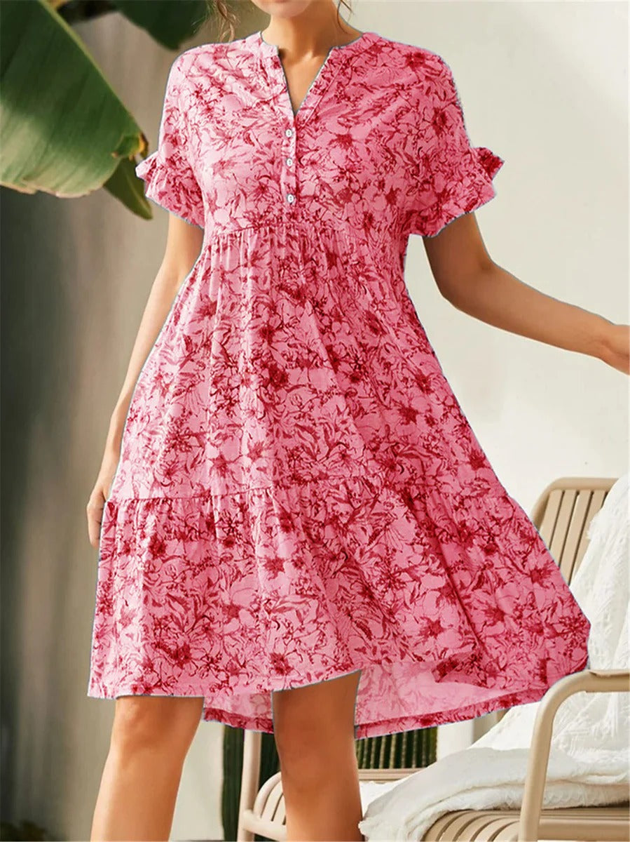 Women's floral A-line dress with V-neck, tiered skirt, ruffled sleeves in cotton blend