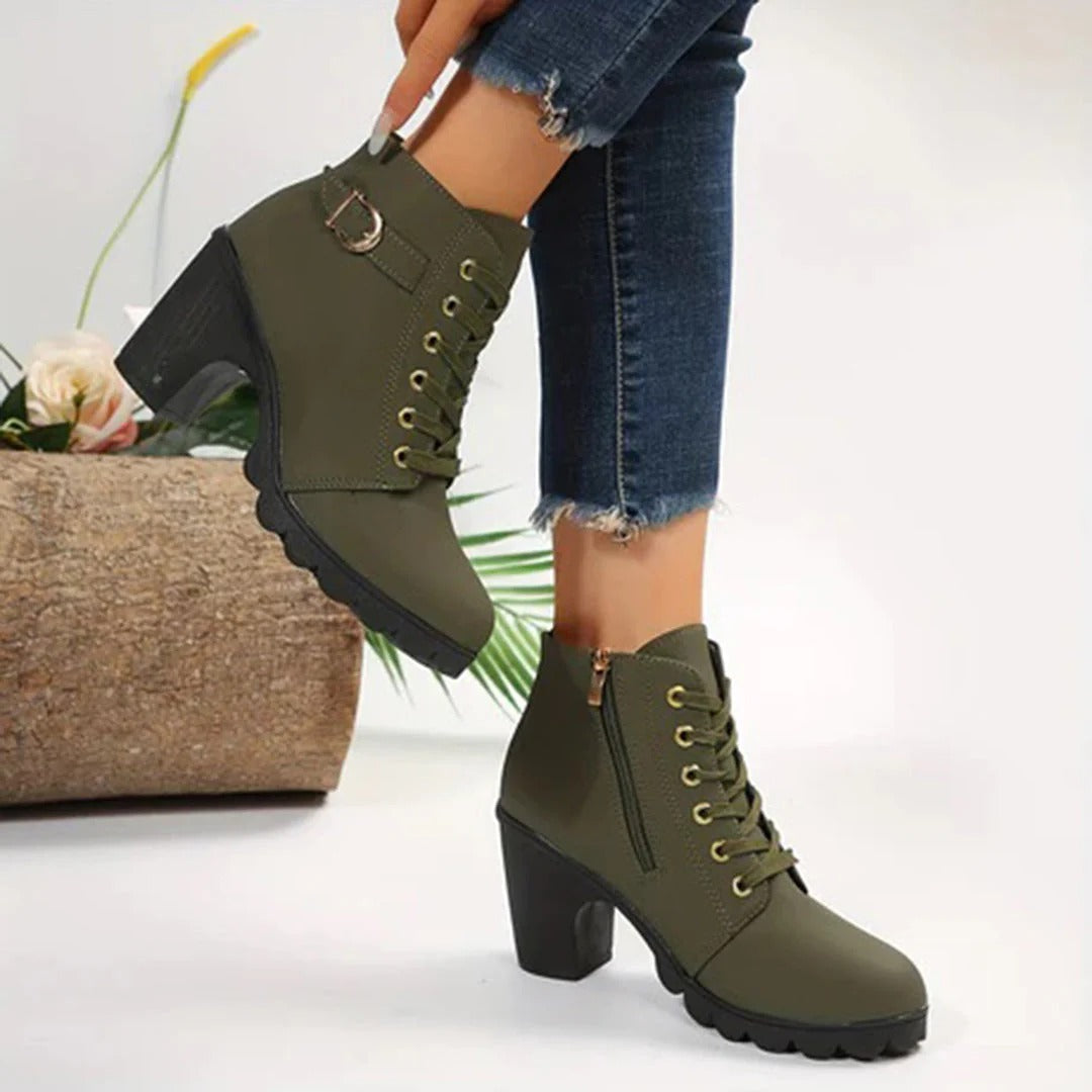 Women's black lace-up ankle boots chunky block heel zip closure with bold buckle detail