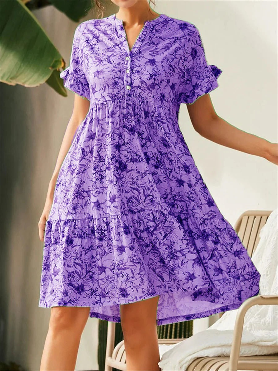 Women's floral A-line dress with V-neck, tiered skirt, ruffled sleeves in cotton blend