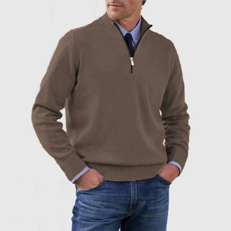 Men's navy quarter zip knit sweater business casual slim fit with adjustable zip neckline