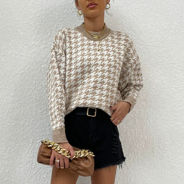 Women's wool blend houndstooth pullover sweater relaxed fit blue-gray ribbed trim cozy fall style