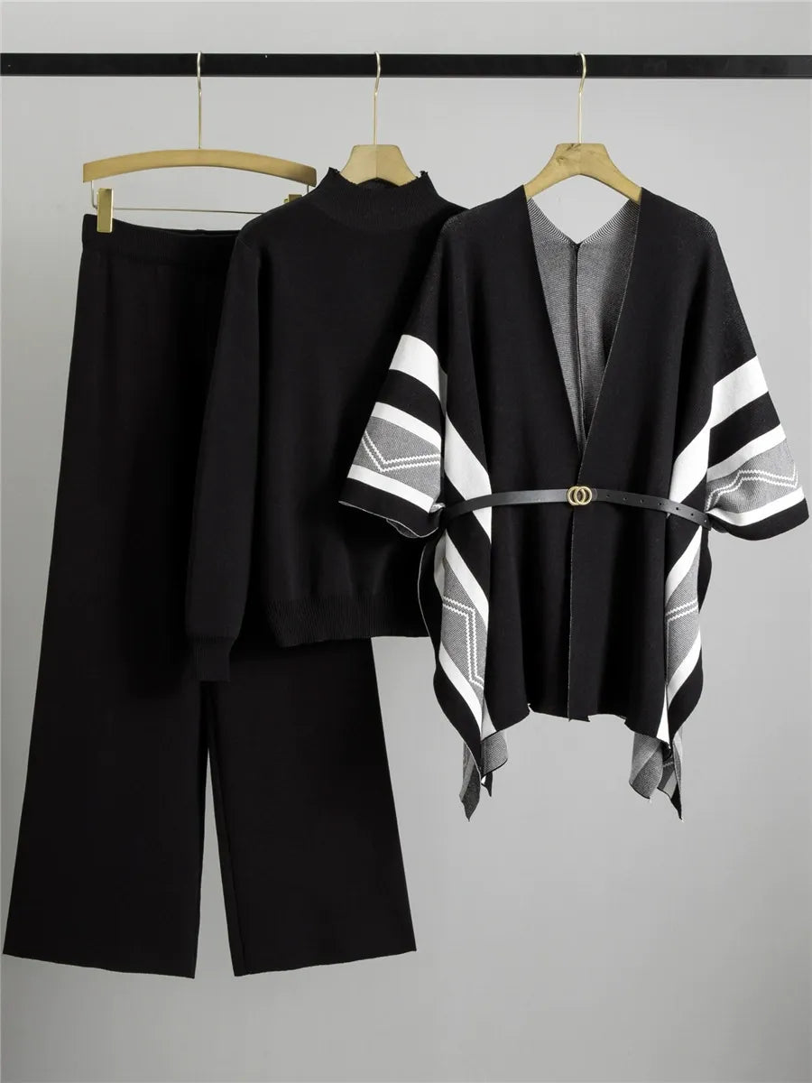 Women's three-piece knit shawl cardigan set, belted mid-thigh length with striped sleeve detail