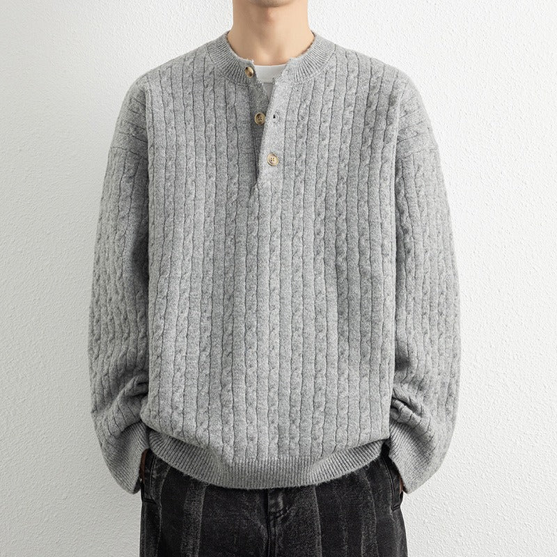 Men's wool blend knit pullover sweater in neutral tone, relaxed Henley neck with ribbed trim