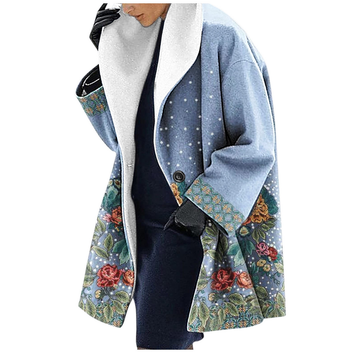Women's wool blend hooded jacket mid-length loose fit with bold ethnic floral print cozy warmth