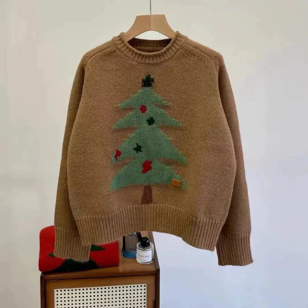 Women's wool knit pullover sweater relaxed crew neck fit with subtle tree graphic, cozy winter style