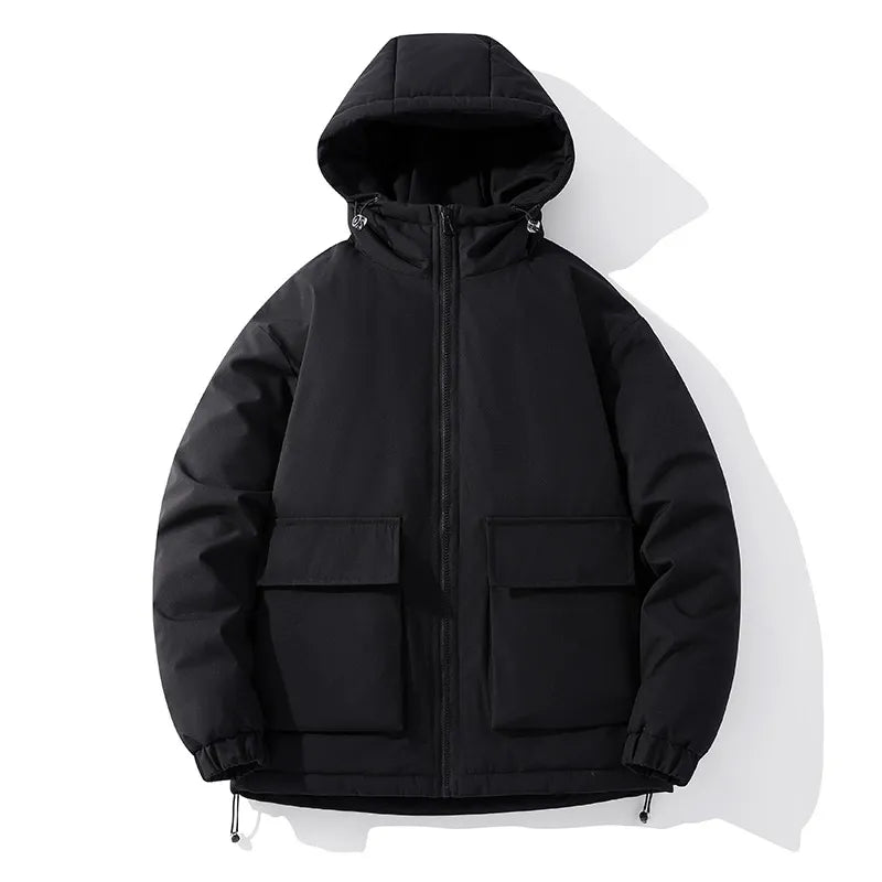 Men's black quilted hooded puffer jacket oversized fit with front pockets winter coat