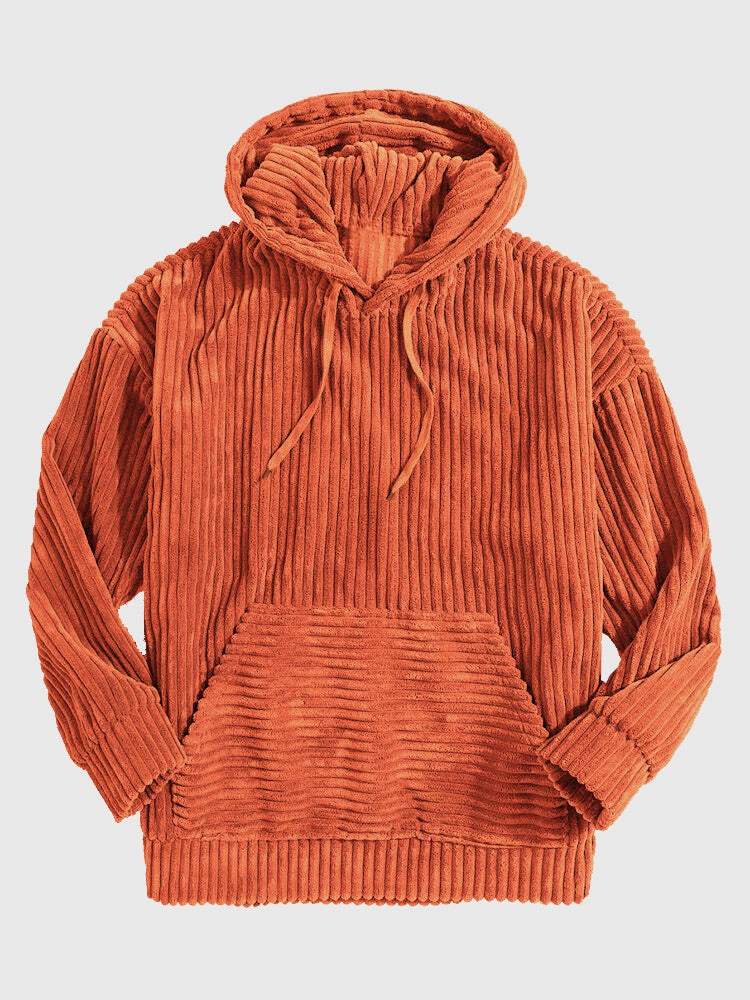 Men's oversized corduroy hoodie relaxed fit hooded V-neck with kangaroo pocket textured fabric