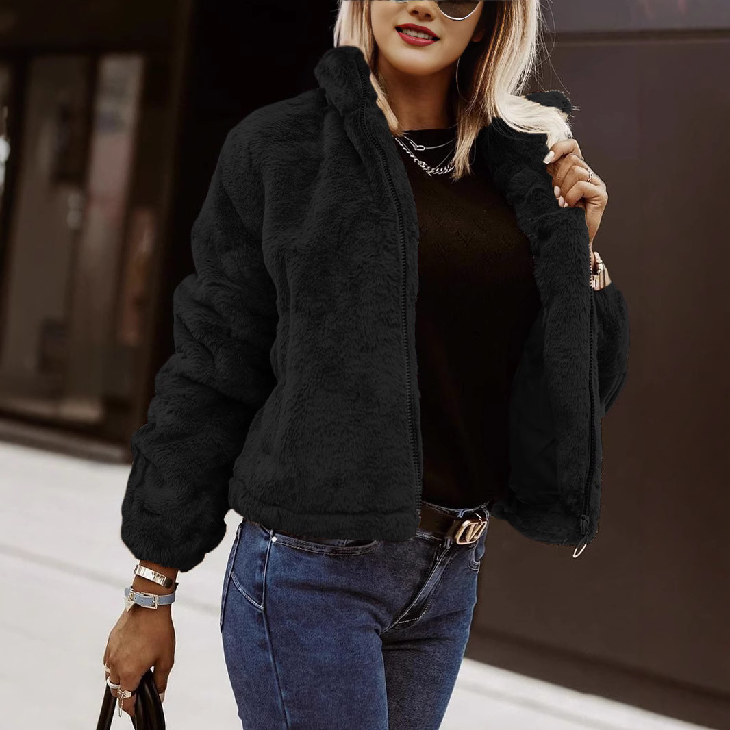 Women's black faux leather plush cardigan zip front high collar relaxed fit cozy texture