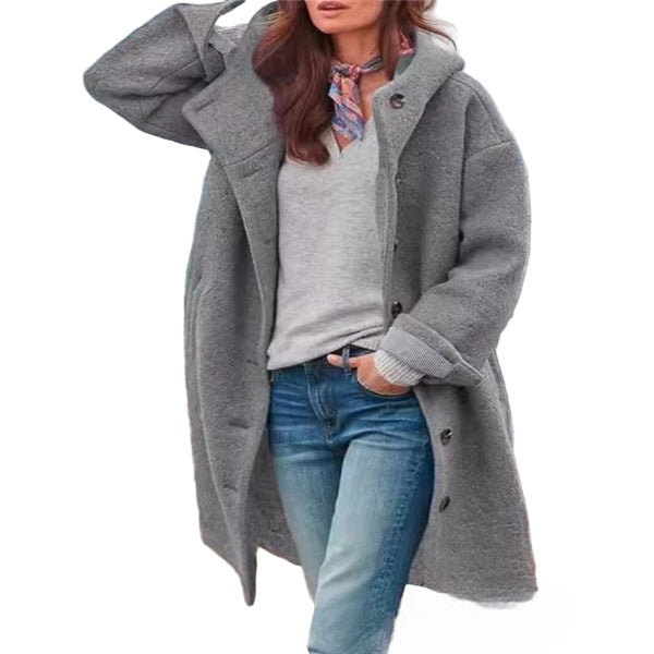 Women's full-length hooded wool coat oversized fit button front winter essential in neutral tone