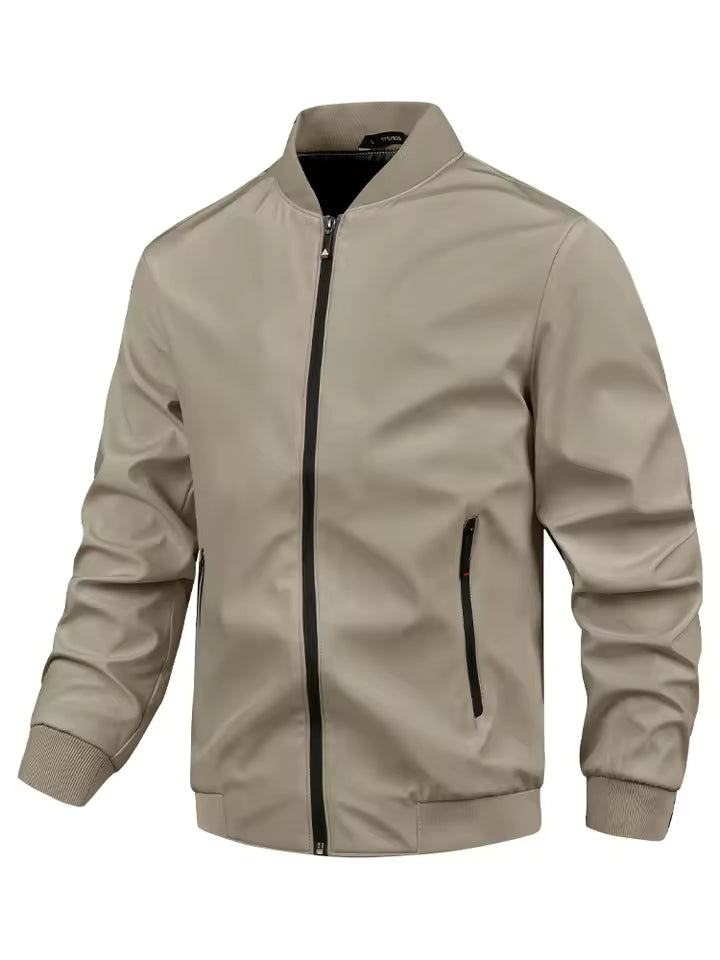 Men's navy windproof stand collar jacket with zipper closure, slim urban fit for everyday wear