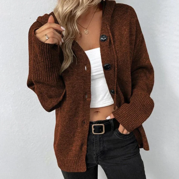 Oatmeal oversized hooded knit cardigan with button front closure and ribbed trim detailing