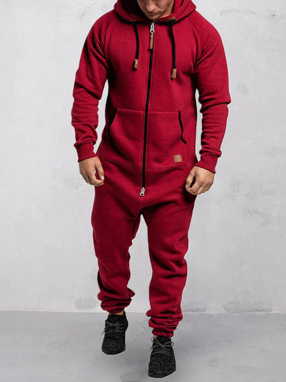 Men's gray fleece hooded jumpsuit relaxed fit with zipper front closure for winter loungewear