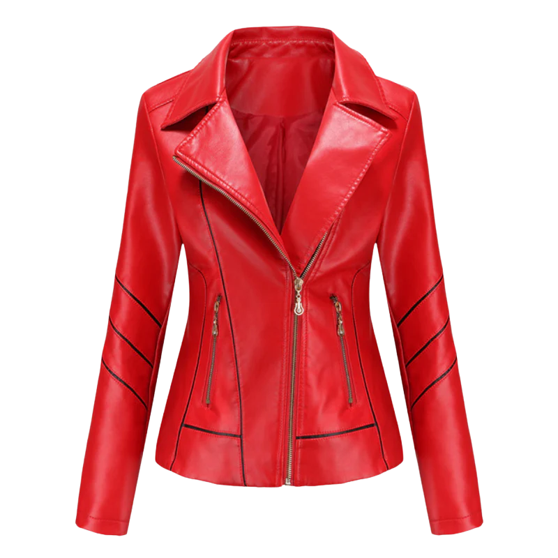 Women's black slim-fit biker PU leather jacket with asymmetrical zip and notched lapel
