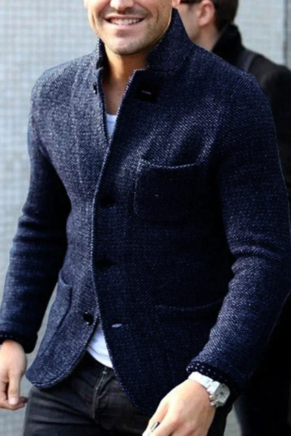 Men's charcoal textured wool blazer tailored fit high collar structured formal style