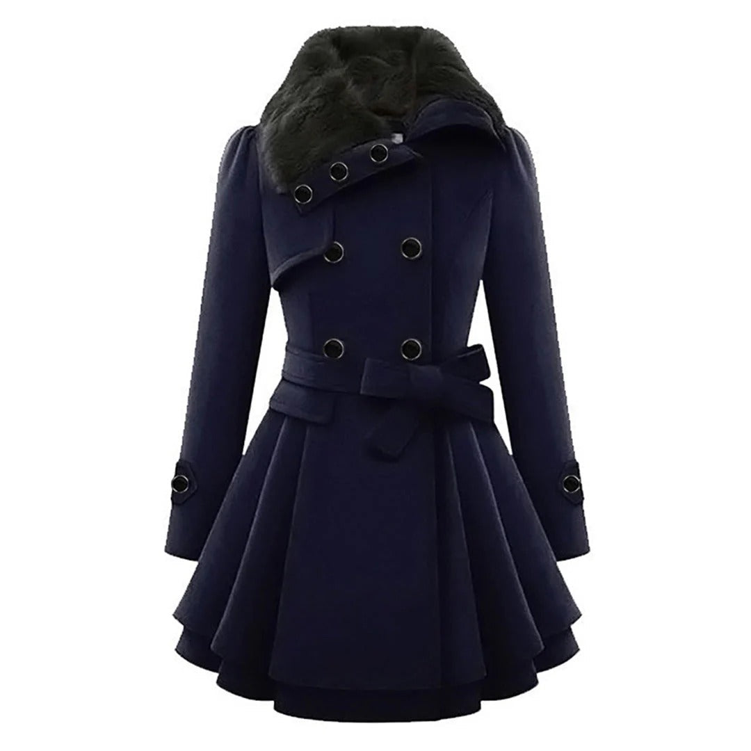 Women's double-breasted wool coat with faux fur collar, tailored fit, belted waist, polished style