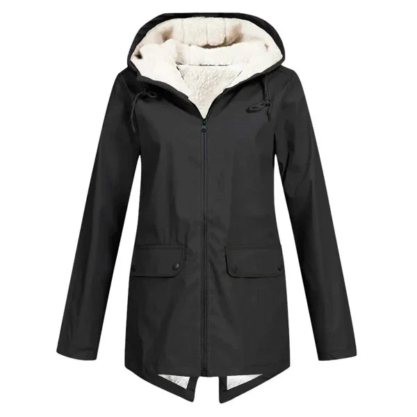 Women's beige waterproof trench coat tailored fit fleece-lined hooded mid-length silhouette