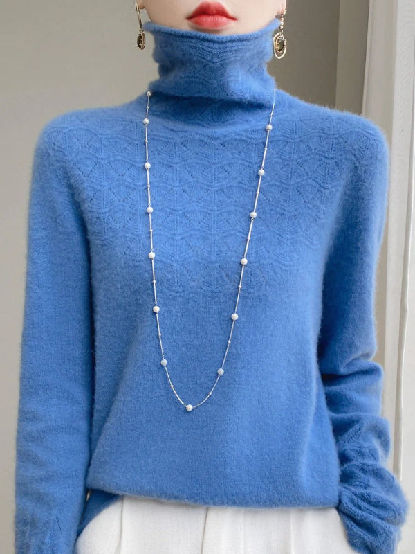 Women's slim fit turtleneck sweater in wool blend with distinctive hollow knit texture pattern