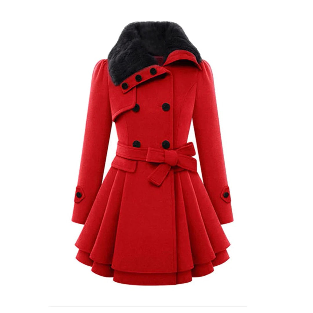 Women's double-breasted wool coat with faux fur collar, tailored fit, belted waist, sleek silhouette