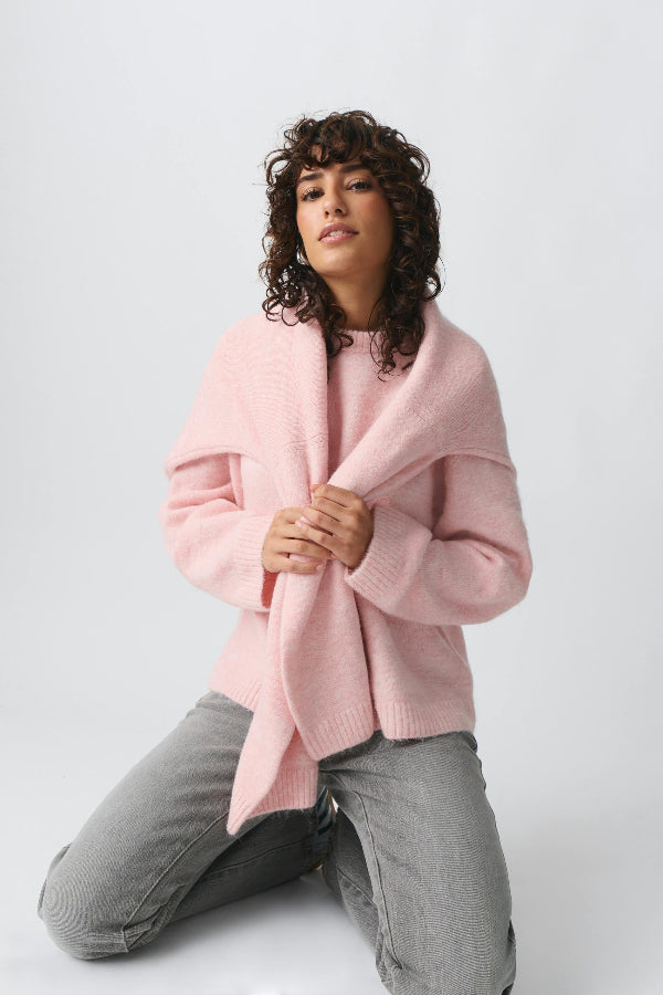 Women's oversized mid-length pullover sweater soft wool feel ribbed trim cozy chic silhouette