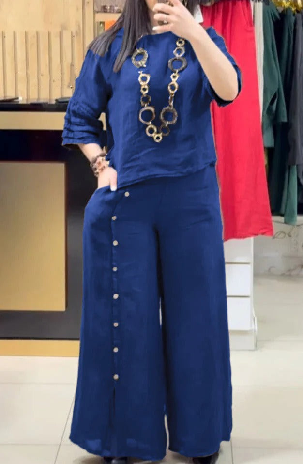 Women's linen two-piece set relaxed fit top wide-leg pants with button detail in neutral tone