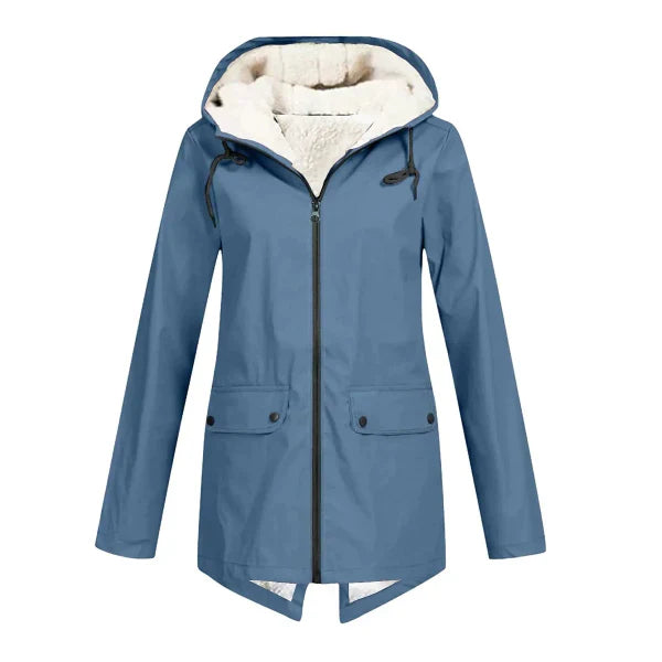 Women's camel waterproof trench coat tailored mid-length hooded silhouette with fleece lining