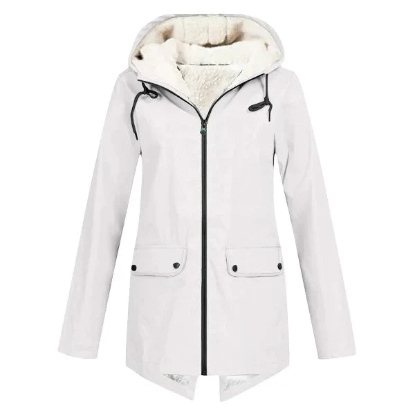 Women's waterproof hooded trench coat, fleece-lined tailored mid-length fit in neutral tone