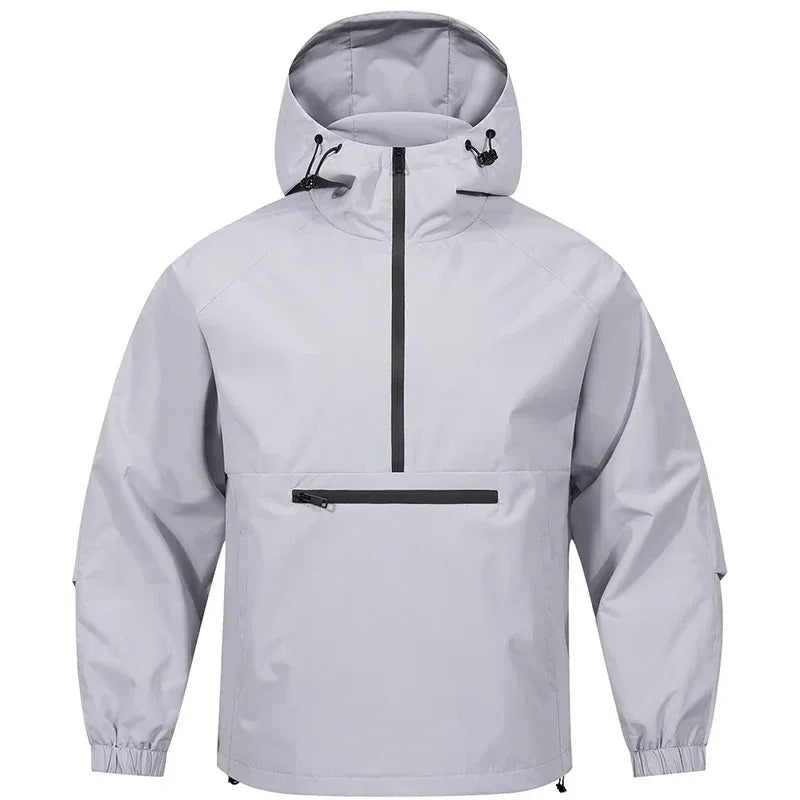 Men's water-resistant relaxed fit pullover hoodie with half-zip and chest pocket
