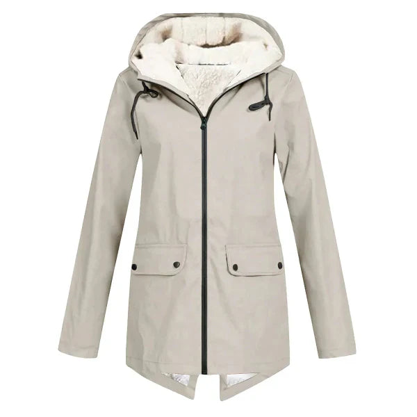 Women's waterproof fleece-lined trench coat tailored fit hooded mid-length beige classic style