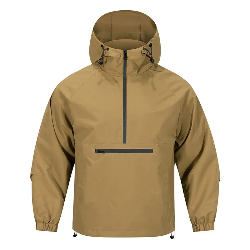 Men's water-resistant pullover hoodie relaxed fit half-zip with chest pocket, outdoor-ready