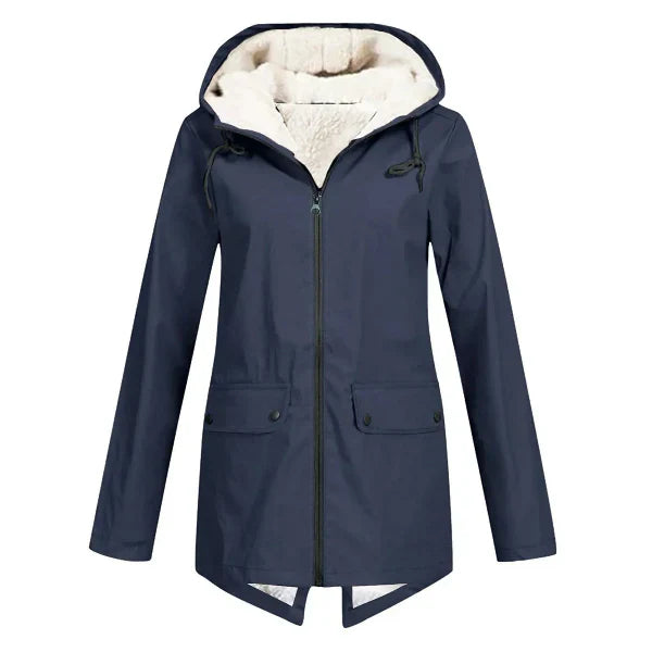 Women's waterproof fleece-lined trench coat, tailored fit, hooded mid-length, neutral tone