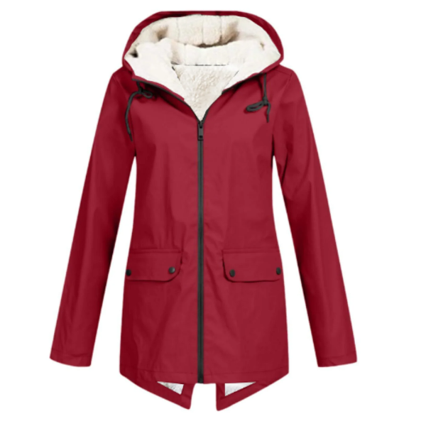 Women's waterproof fleece-lined trench coat tailored fit hooded mid-length neutral tone