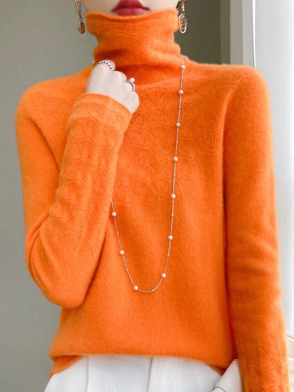 Women's slim-fit turtleneck sweater in wool blend with hollow knit texture detail