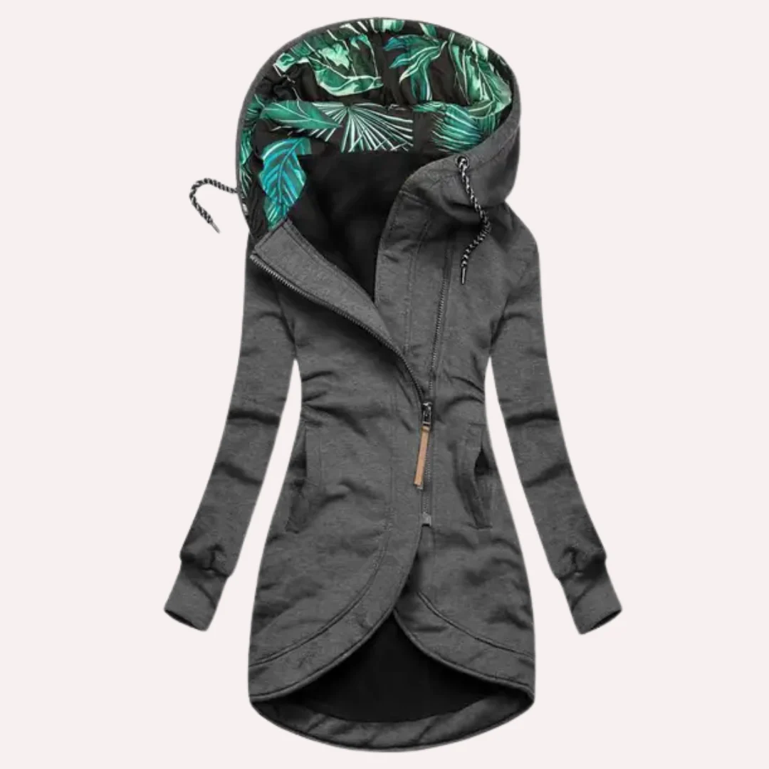Women's slim fit fleece jacket hooded asymmetrical zip printed lining modern casual style
