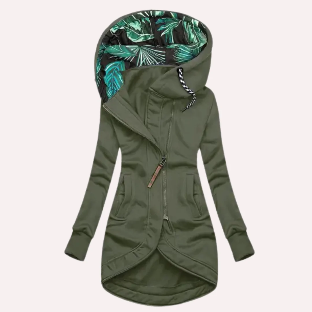 Women's slim fit fleece jacket hooded charcoal asymmetrical zip printed lining modern style