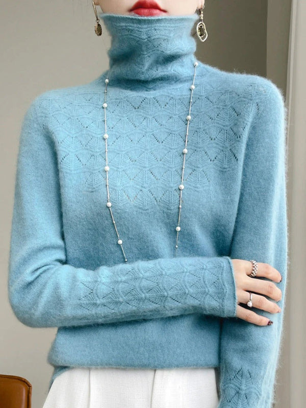 Women's slim fit turtleneck sweater in wool blend with hollow knit texture detail
