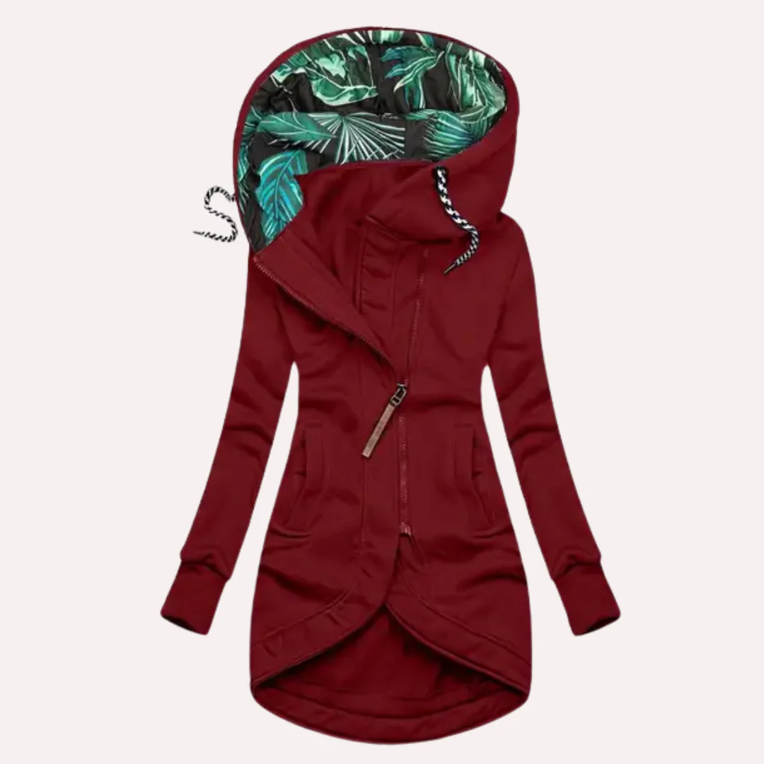 Women's slim fit hooded fleece jacket with asymmetrical zip closure and printed lining modern style