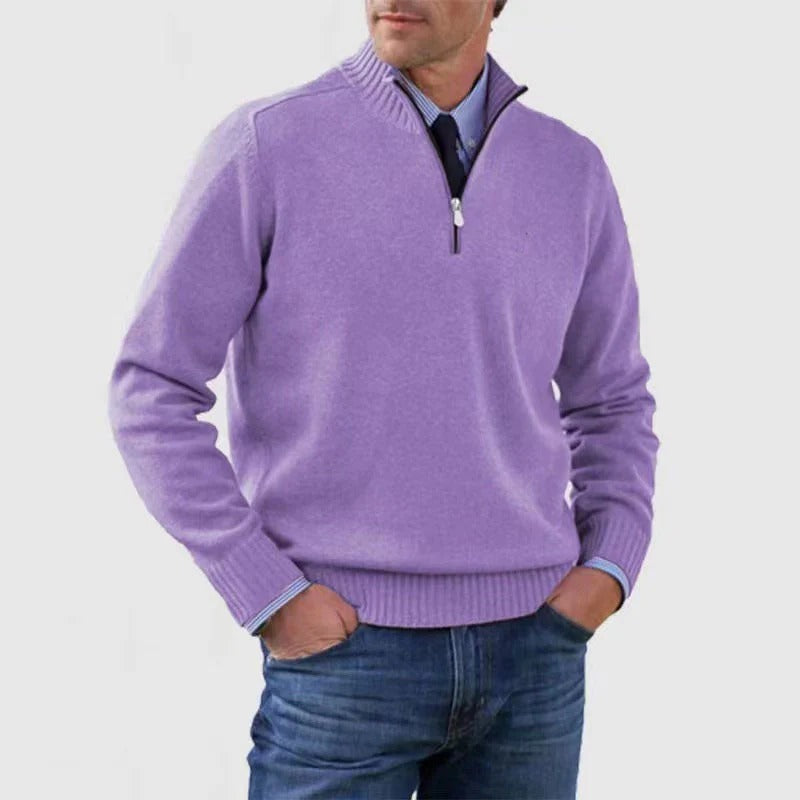 Men's navy quarter zip knit sweater business casual pullover with adjustable zip neckline by Wavlynn