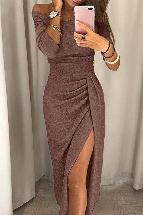 Black off-shoulder floor-length evening dress with daring thigh slit, elegant formal gown