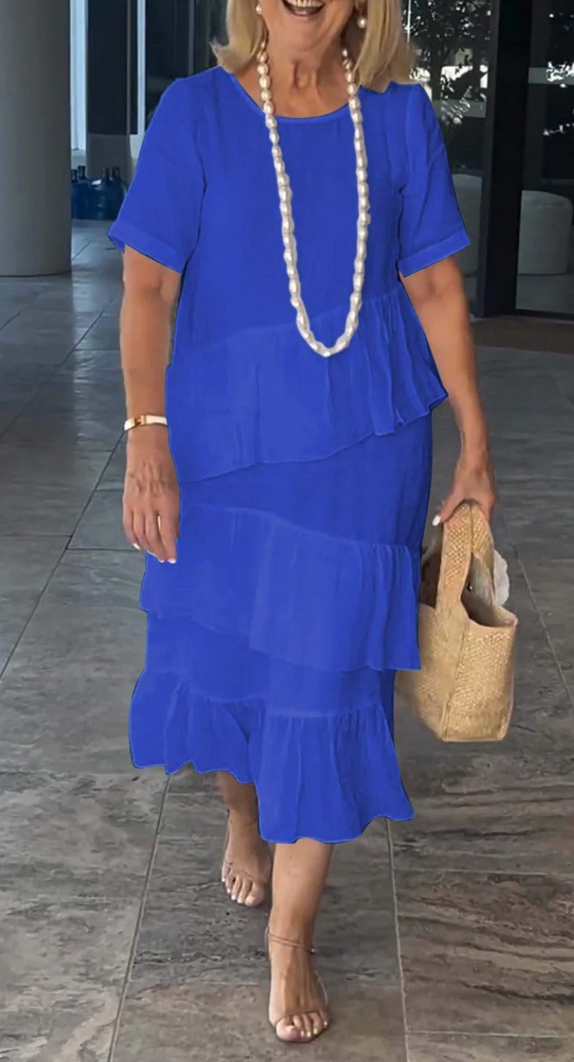 Women's tiered cotton-linen maxi dress relaxed fit short sleeve slip-on breathable summer style
