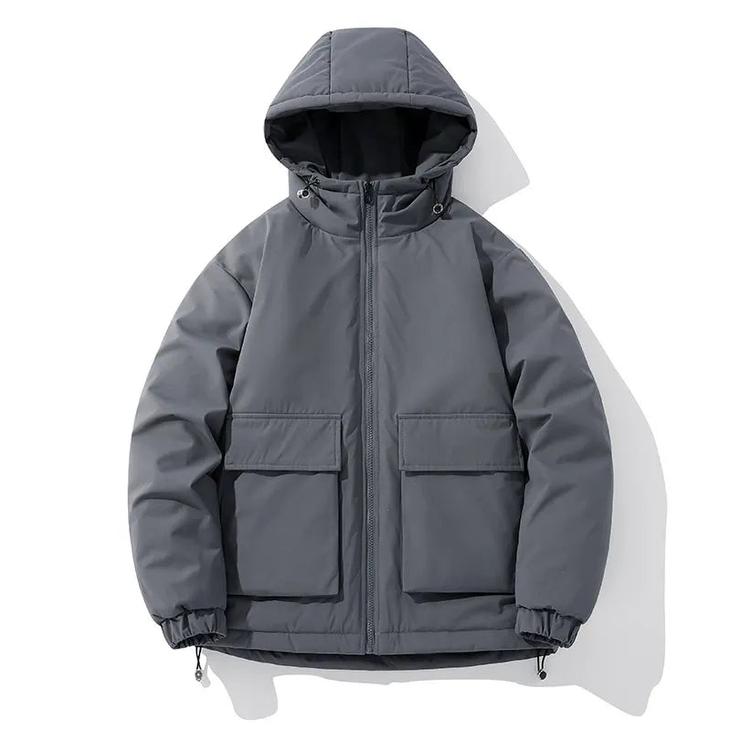 Men's oversized quilted puffer jacket with hood and front pockets, modern winter coat