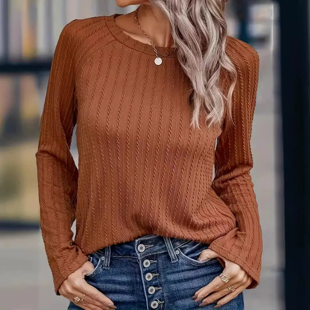 Women's relaxed-fit ribbed knit pullover long sleeve round neck tee, cozy stretch casual top