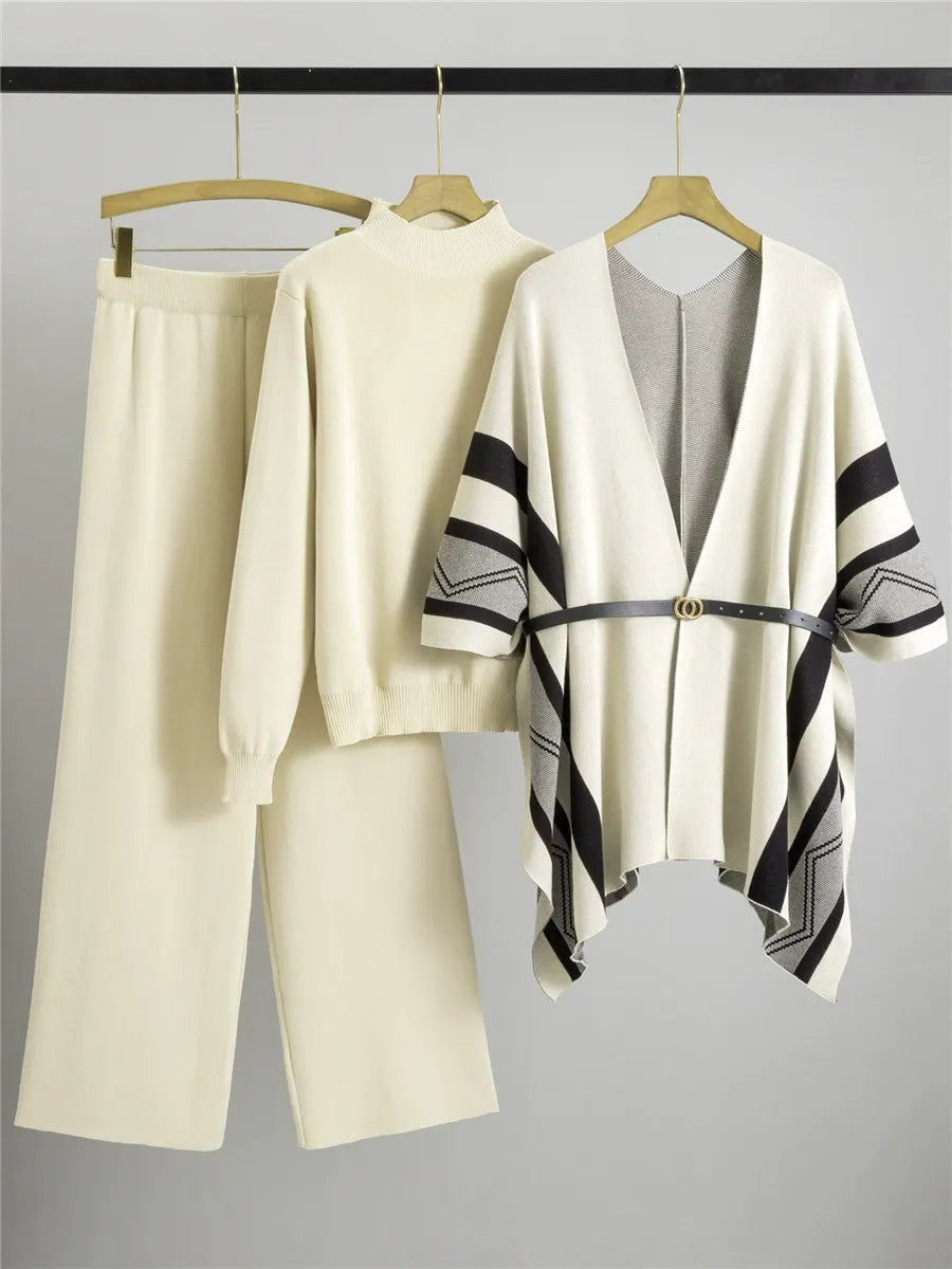 Women's three-piece knit shawl cardigan set with belted mid-thigh silhouette and striped sleeves