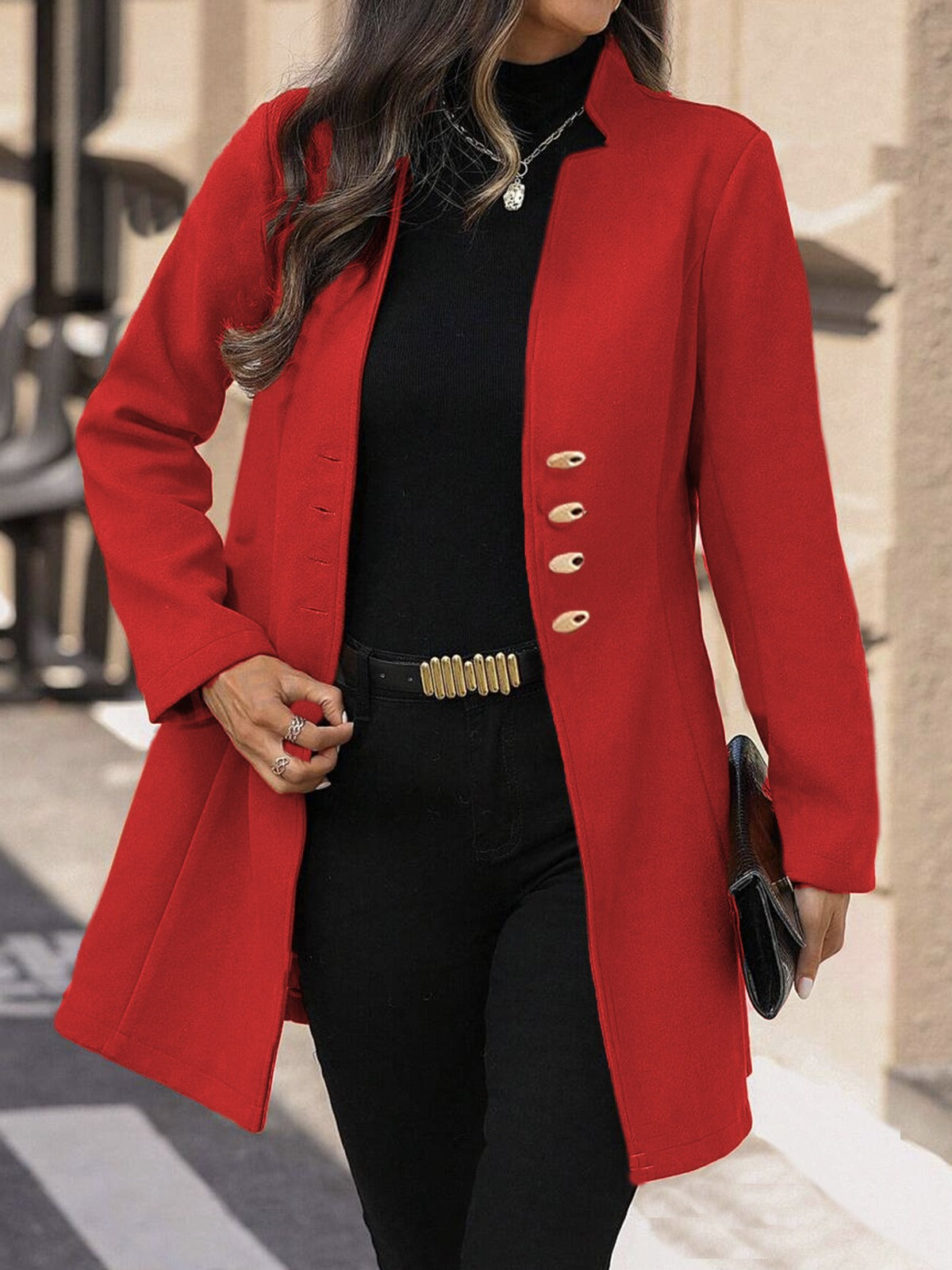 Wavlynn women's slim fit mid-length wool coat with tailored silhouette and button closure