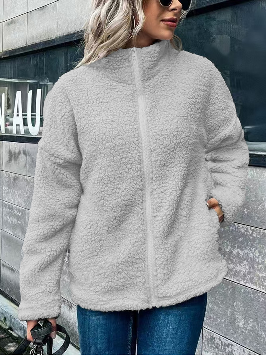 Women's oversized wool-blend fleece coat with stand collar, long sleeves, and zip closure