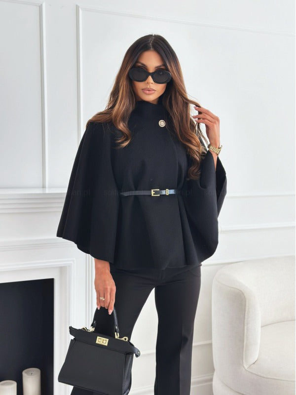 Women's belted cape jacket elegant silhouette warm formal outerwear with waist-defining belt
